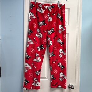 SOLD YEY !!  Cozy Fleece Red Cat Dog Candy Cane Snowflakes Print Pajama Pants